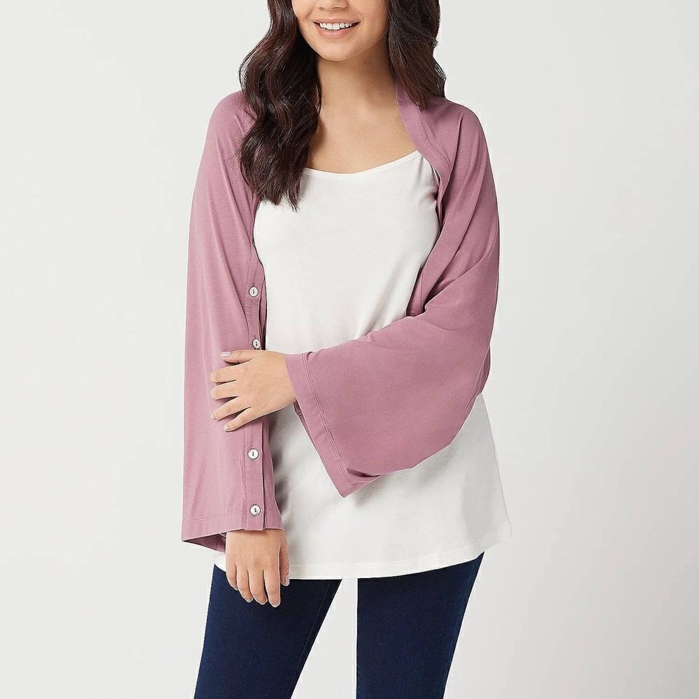 LOGO by Lori Goldstein Rayon 230 Shrug with Button Sleeve Detail
